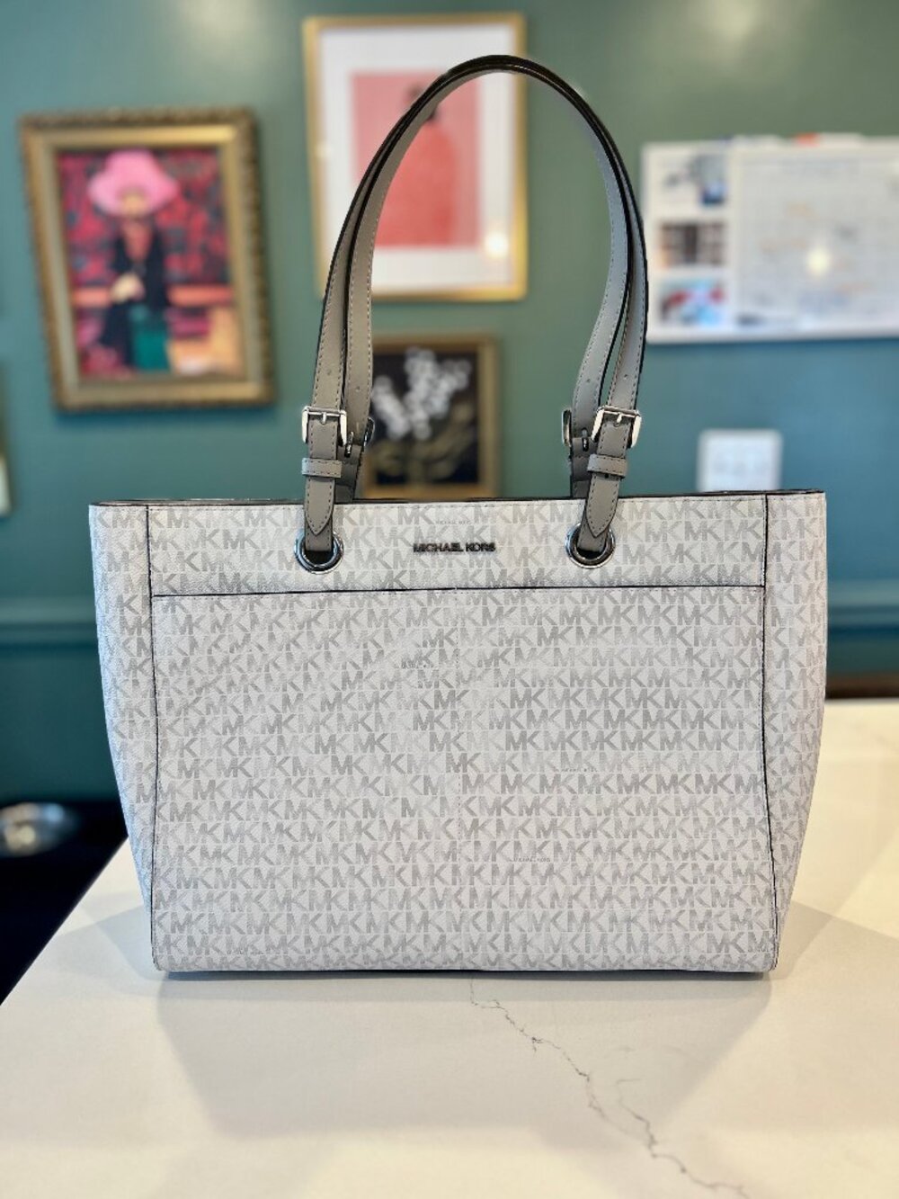 NWT Michael Kors Jet Set Large Commuter Laptop Tote Bag Bright White Gray
